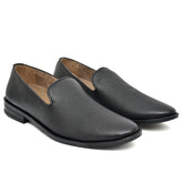 Comfortable black leather slip-on shoes for everyday wear.